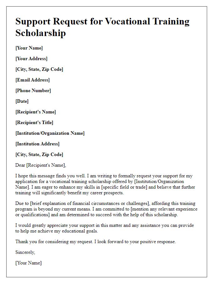 Letter template of support request for vocational training scholarship