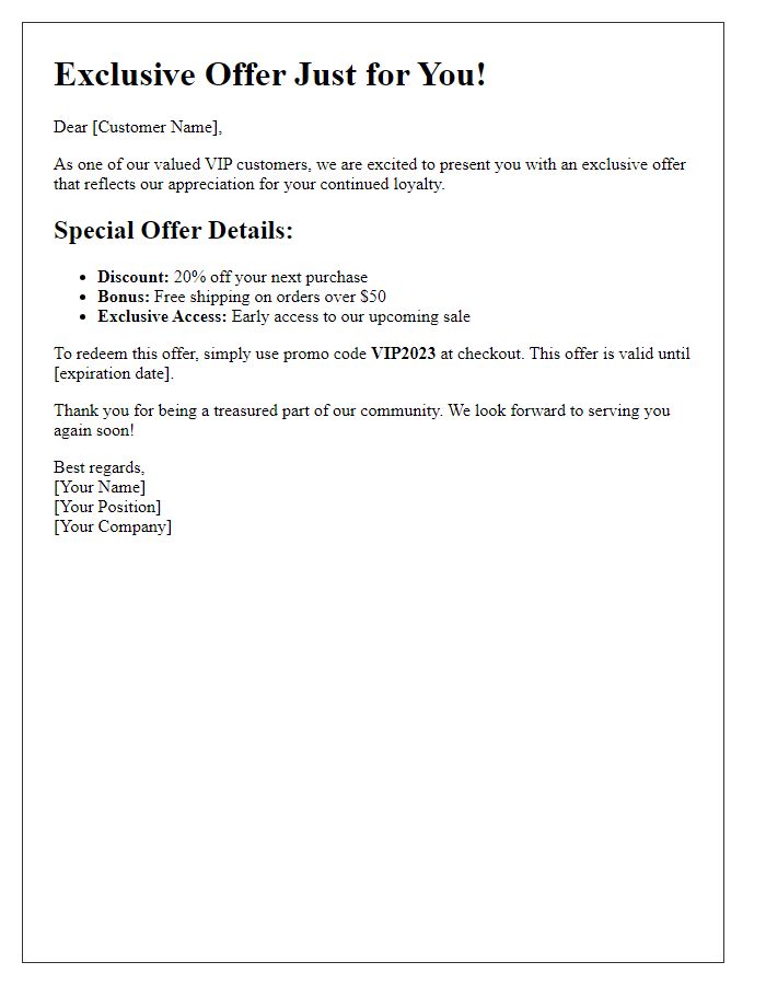 Letter template of VIP customer offer highlight