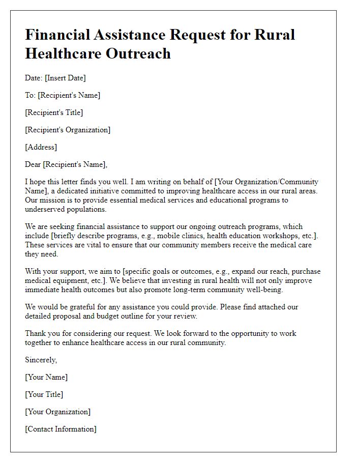 Letter template of rural healthcare outreach financial assistance request