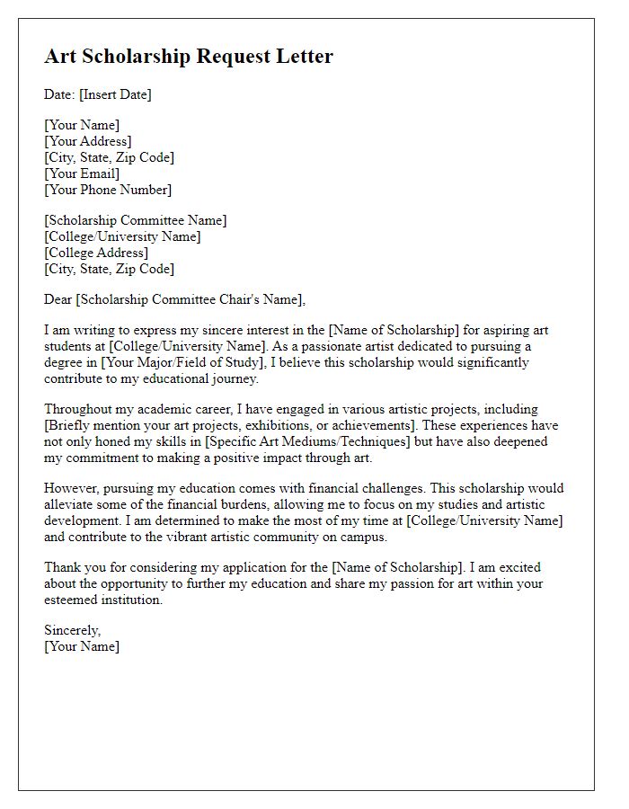 Letter template of art scholarship request for college applicants