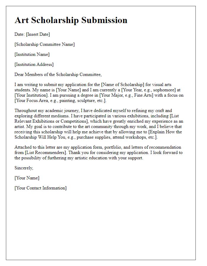 Letter template of art scholarship submission for visual arts students