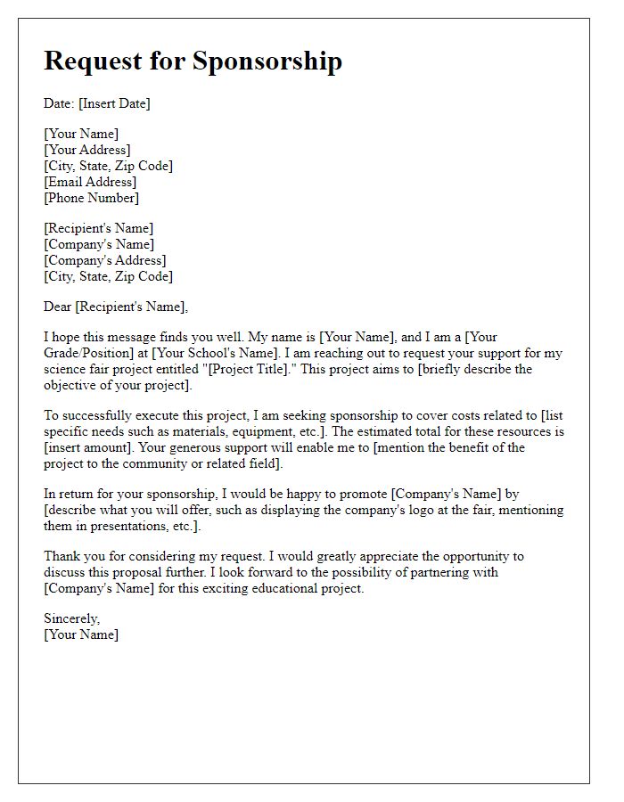 Letter template of business sponsorship request for science fair project