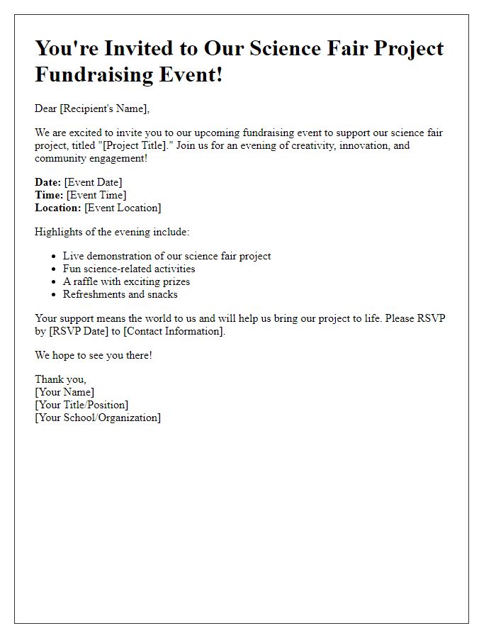 Letter template of fundraising event invitation for science fair project