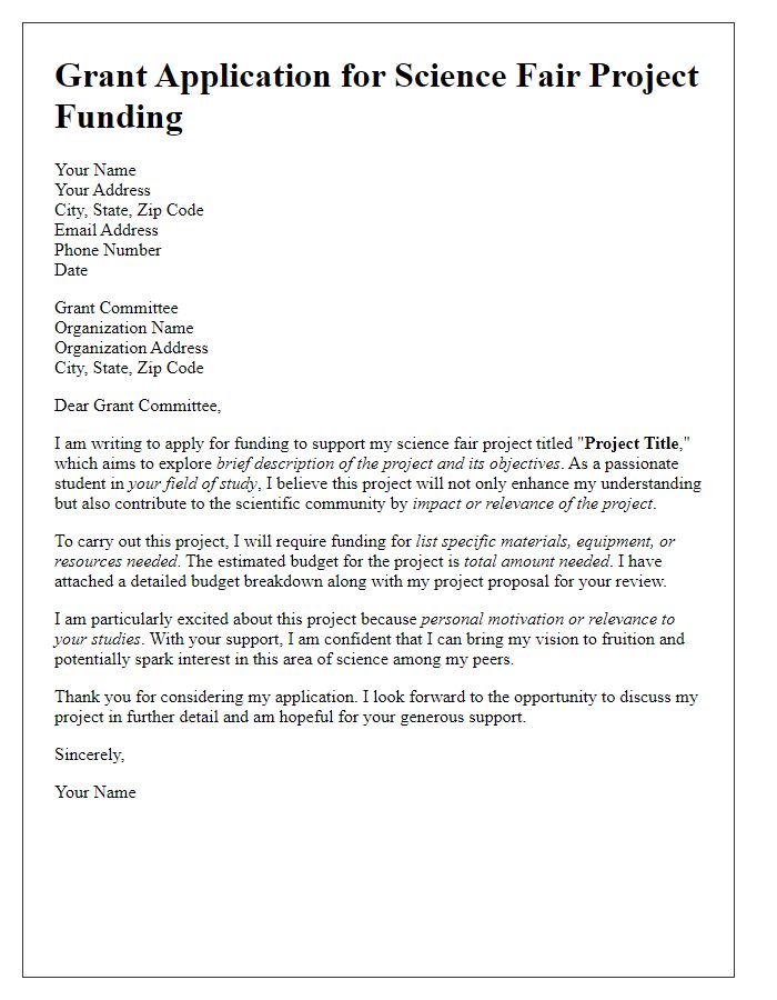 Letter template of grant application for science fair project funding