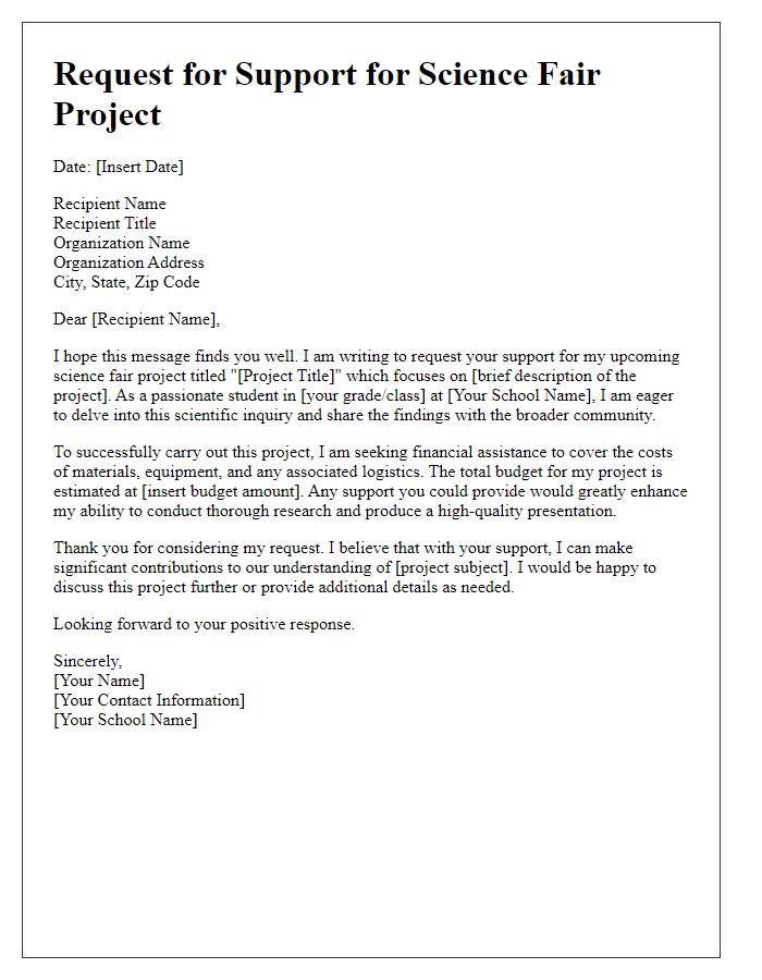 Letter template of support request for science fair project funding