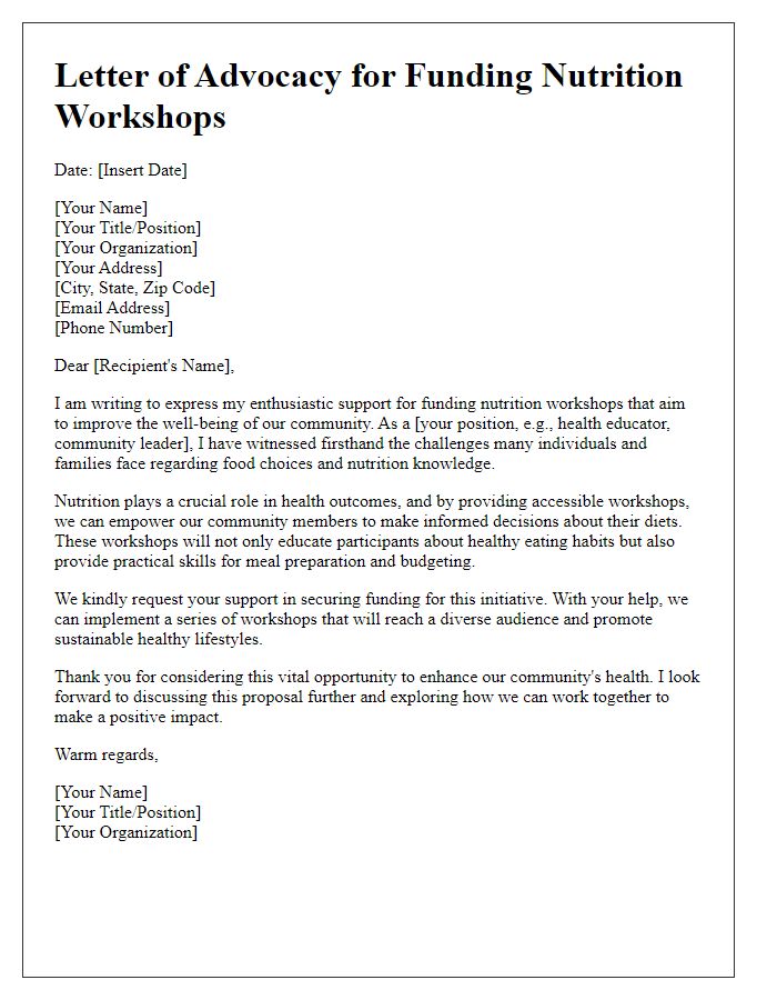 Letter template of advocacy for funding nutrition workshops