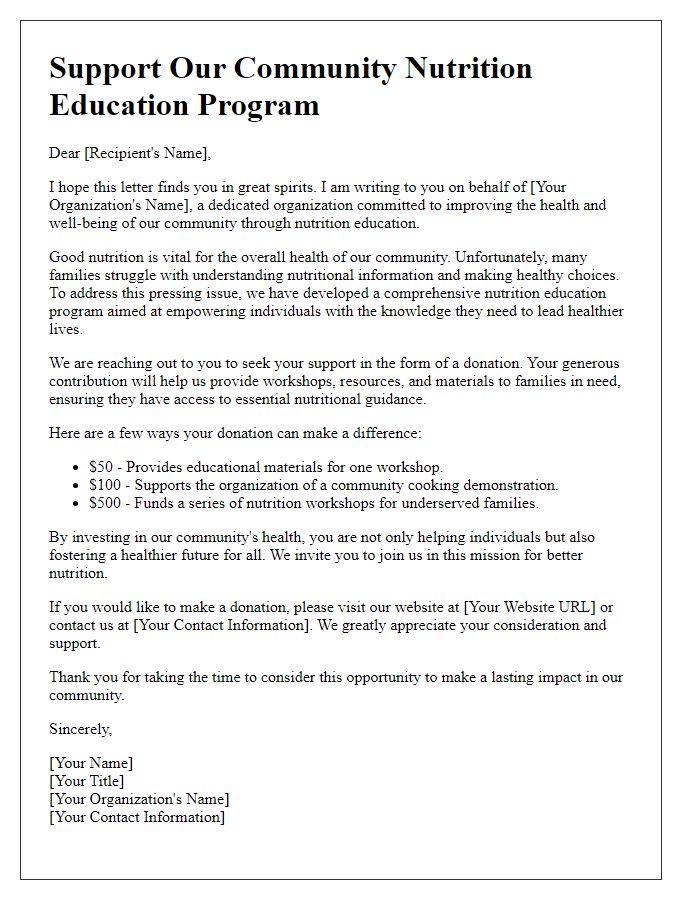 Letter template of donation solicitation for community nutrition education