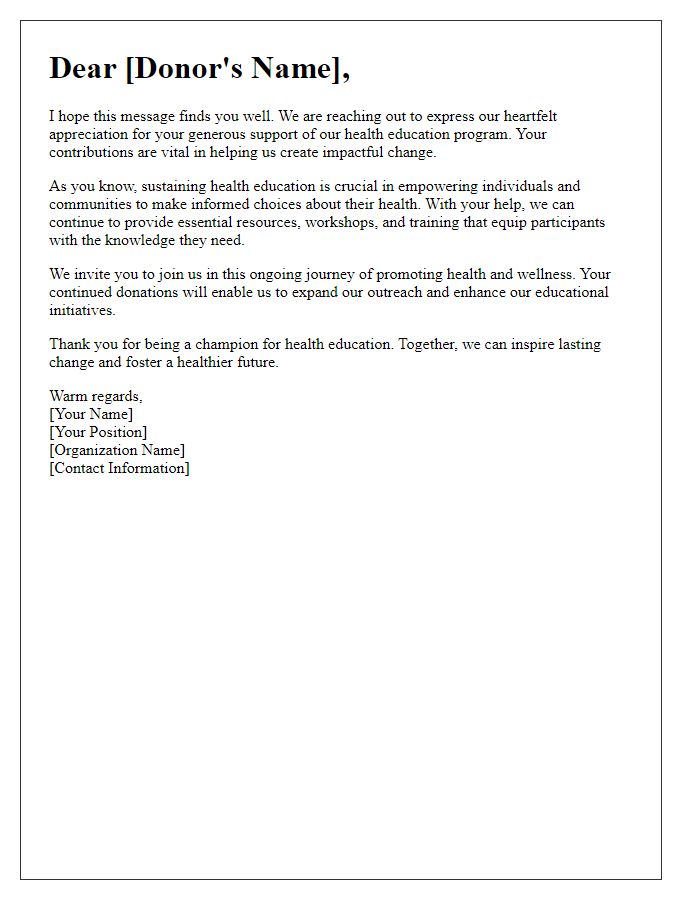 Letter template of encourage for sustaining health education program donations