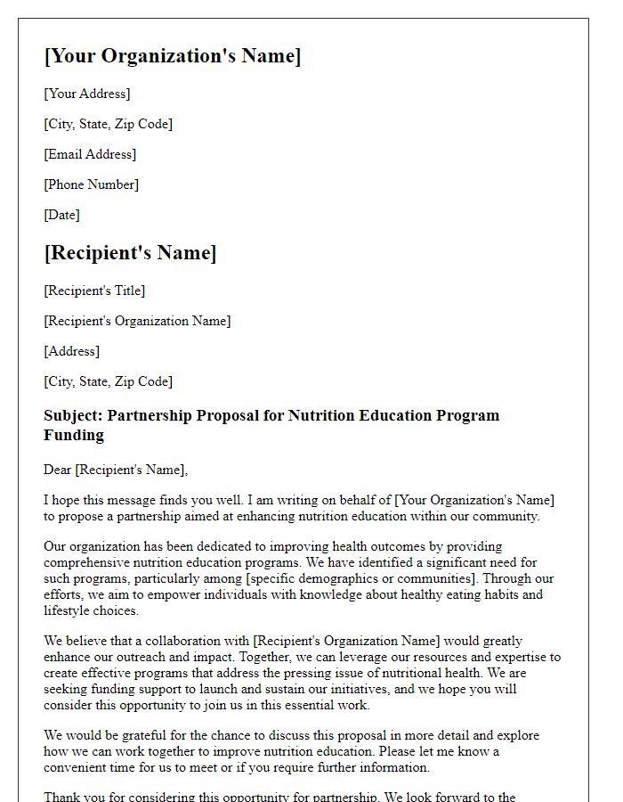 Letter template of partnership proposal for nutrition education program funding