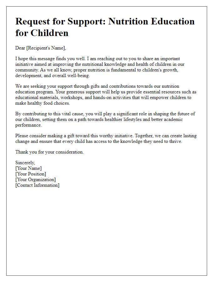 Letter template of plea for gifts towards nutrition education for children