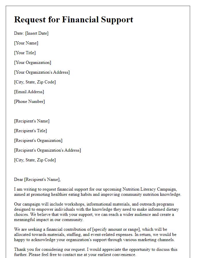 Letter template of request for financial support for nutrition literacy campaigns