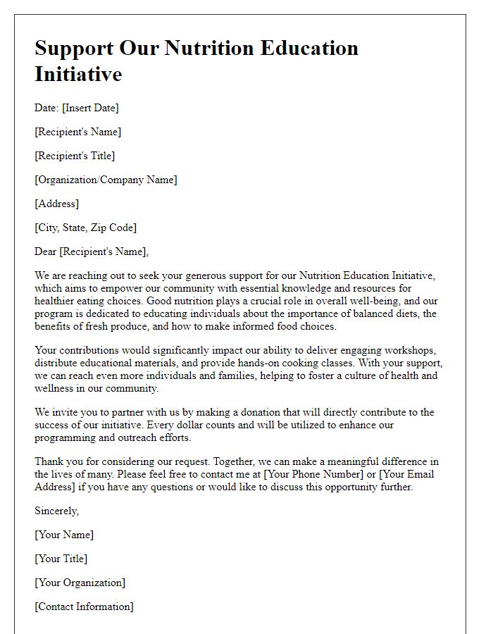 Letter template of support for nutrition education initiative donations