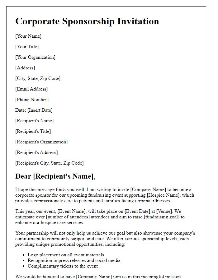 Letter template of corporate sponsorship for hospice care fundraising