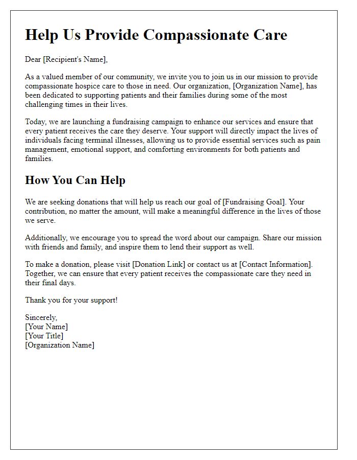 Letter template of hospice care support fundraising campaign