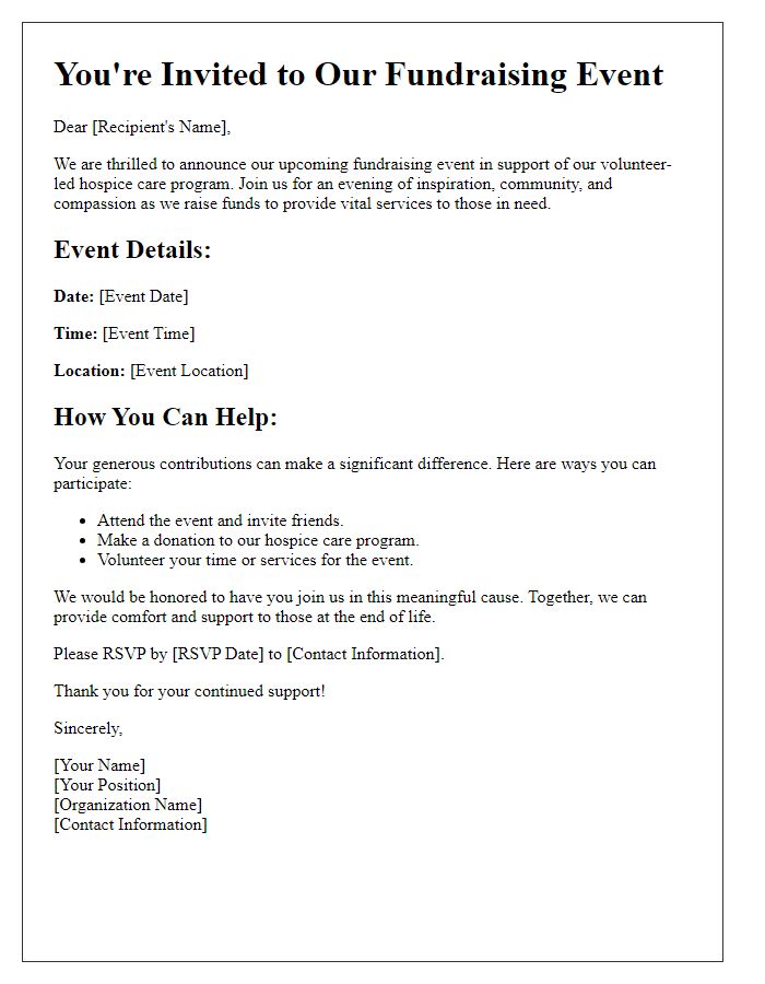 Letter template of volunteer-led hospice care fundraising event