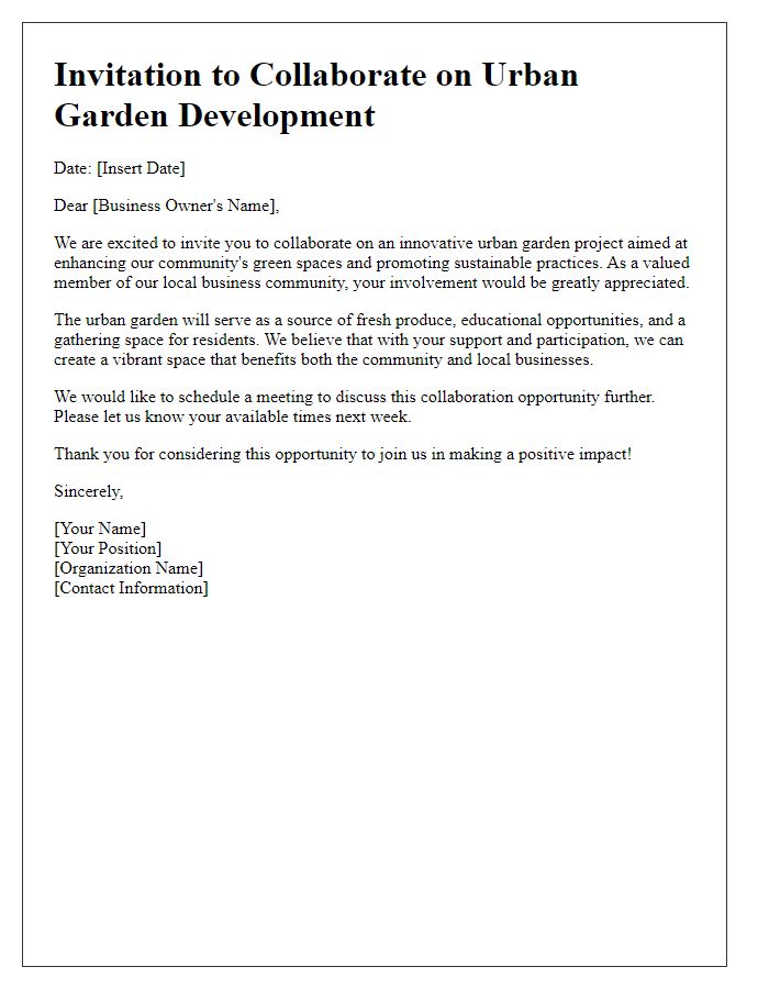 Letter template of urban garden development collaboration invitation for local businesses