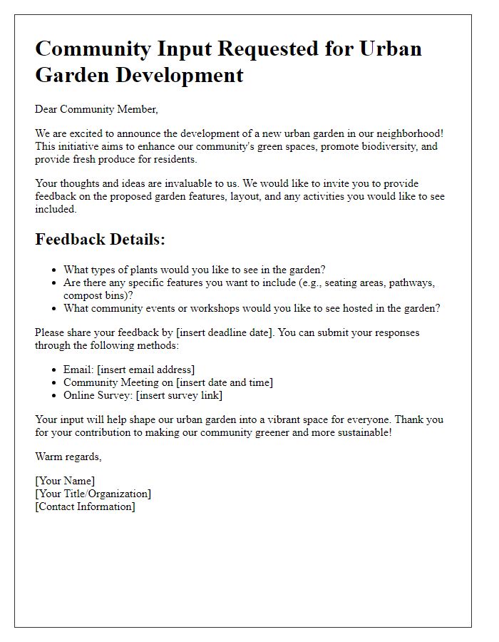 Letter template of urban garden development feedback request for community input