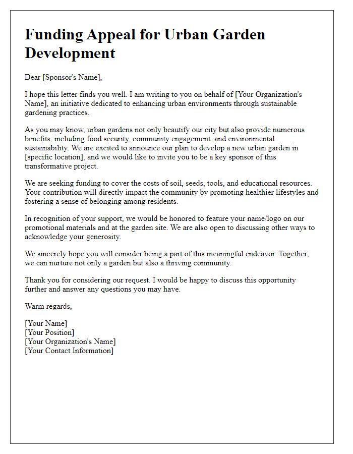 Letter template of urban garden development funding appeal to sponsors