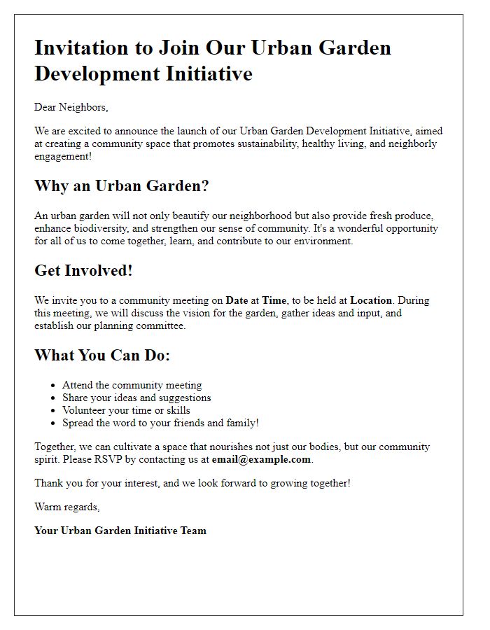 Letter template of urban garden development initiative for neighborhood engagement