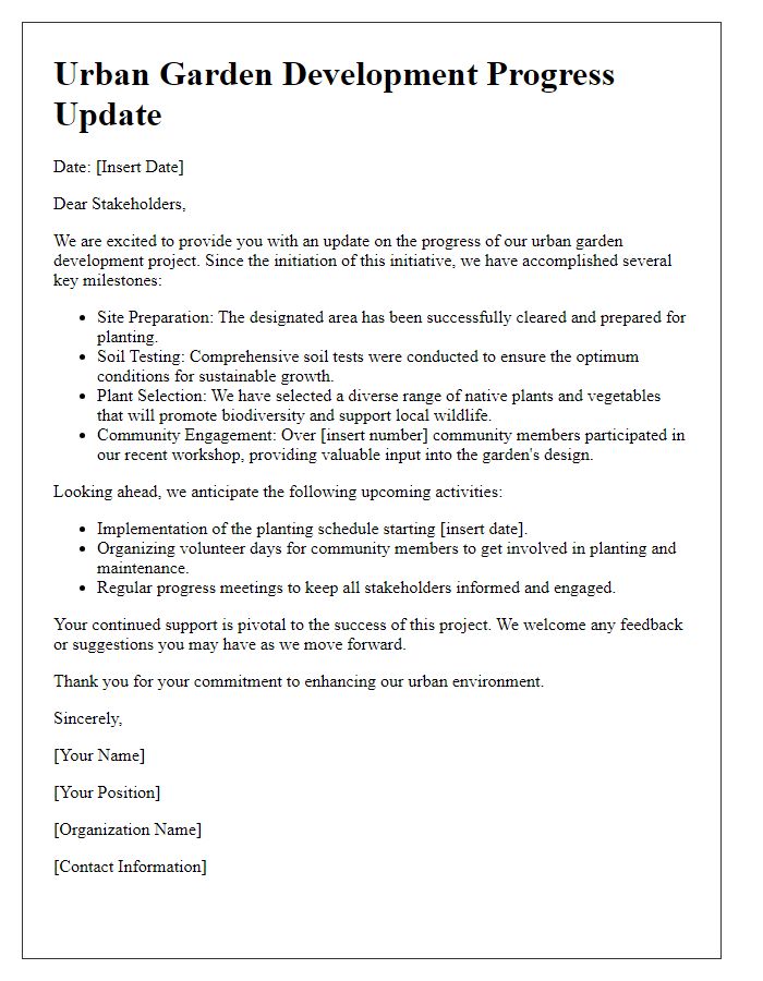 Letter template of urban garden development progress update for stakeholders