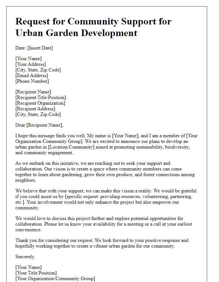 Letter template of urban garden development request for community support