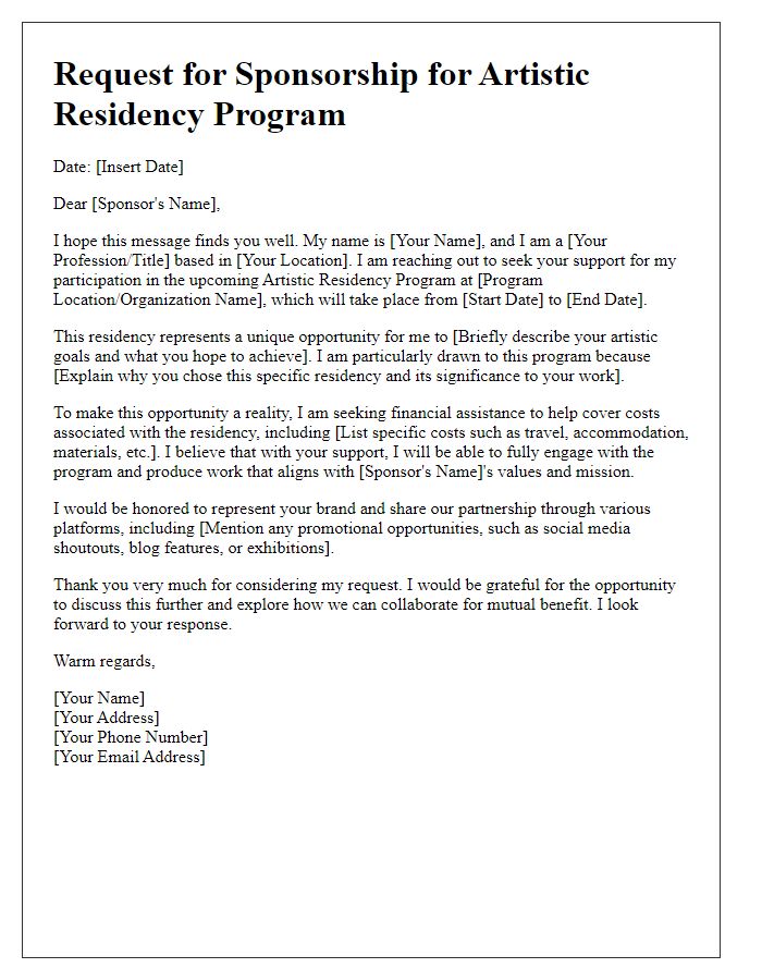 Letter template of artistic residency program sponsorship request