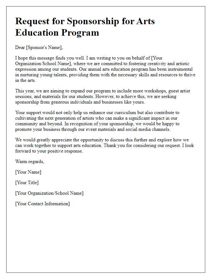 Letter template of arts education sponsorship appeal