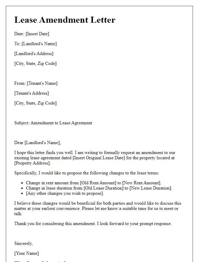 Letter template of lease amendment for changing terms