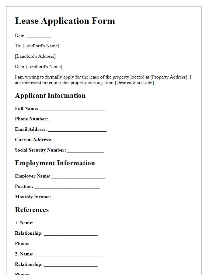 Letter template of lease application form for prospective tenants