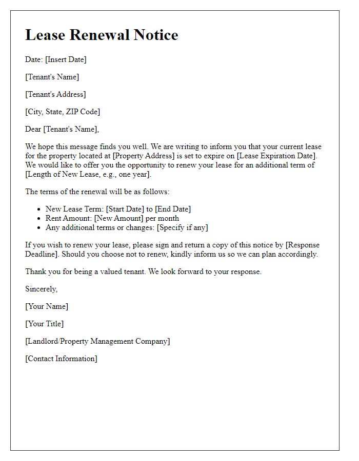 Letter template of lease renewal notice for ongoing tenancy