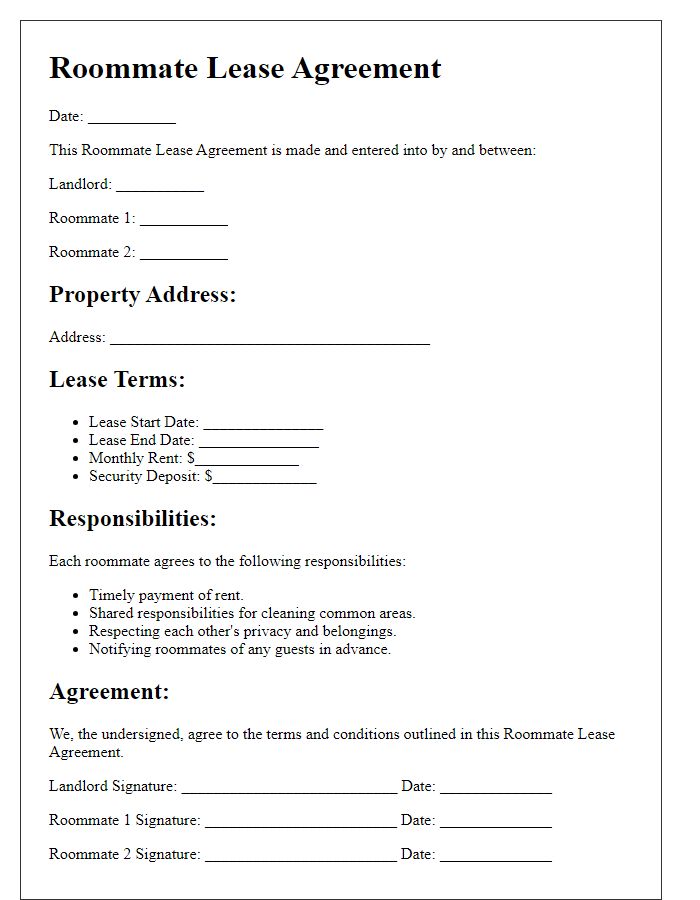 Letter template of roommate lease agreement for shared housing