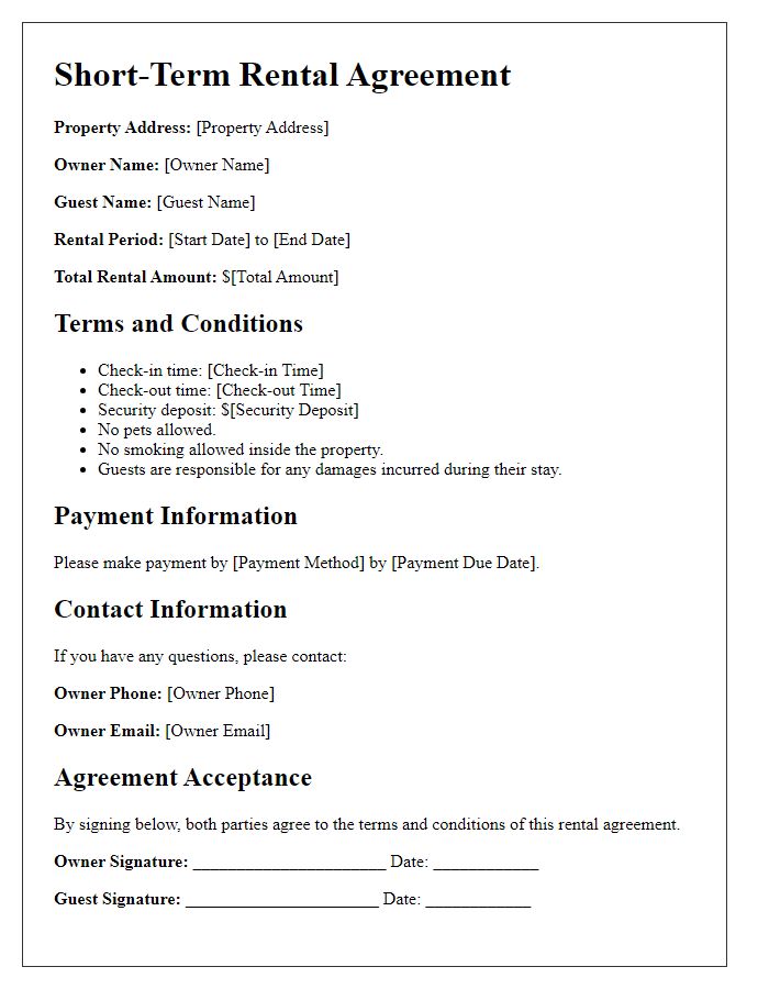 Letter template of short-term rental agreement for vacation properties