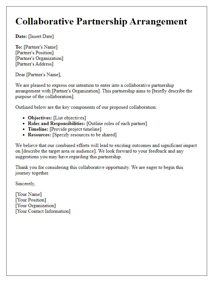 Letter template of collaborative partnership arrangement