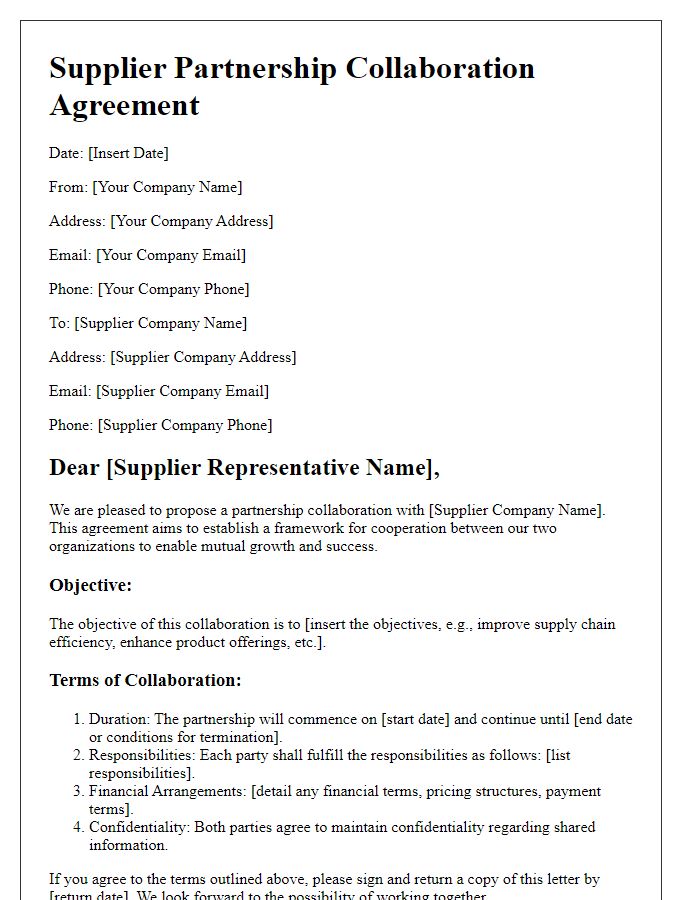 Letter template of supplier partnership collaboration agreement