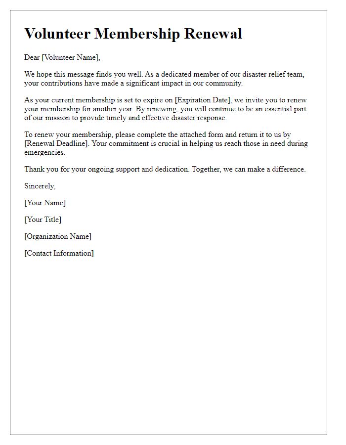 Letter template of volunteer membership renewal for disaster relief efforts