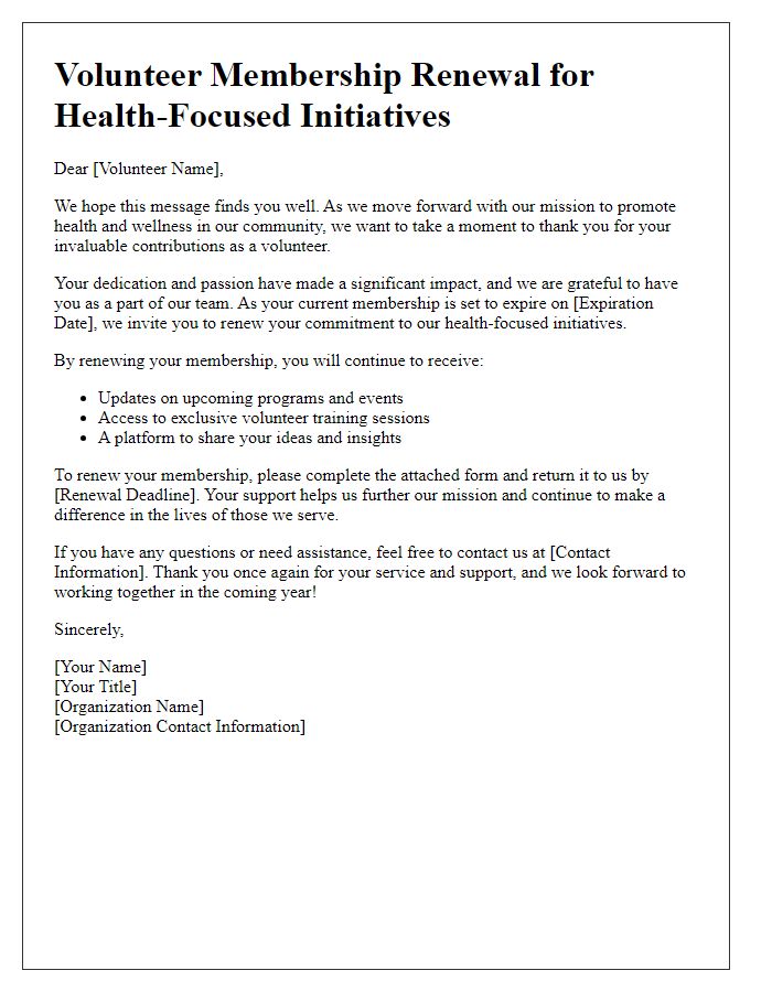 Letter template of volunteer membership renewal for health-focused initiatives