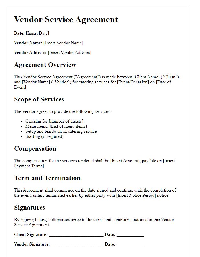 Letter template of vendor service agreement for catering services.