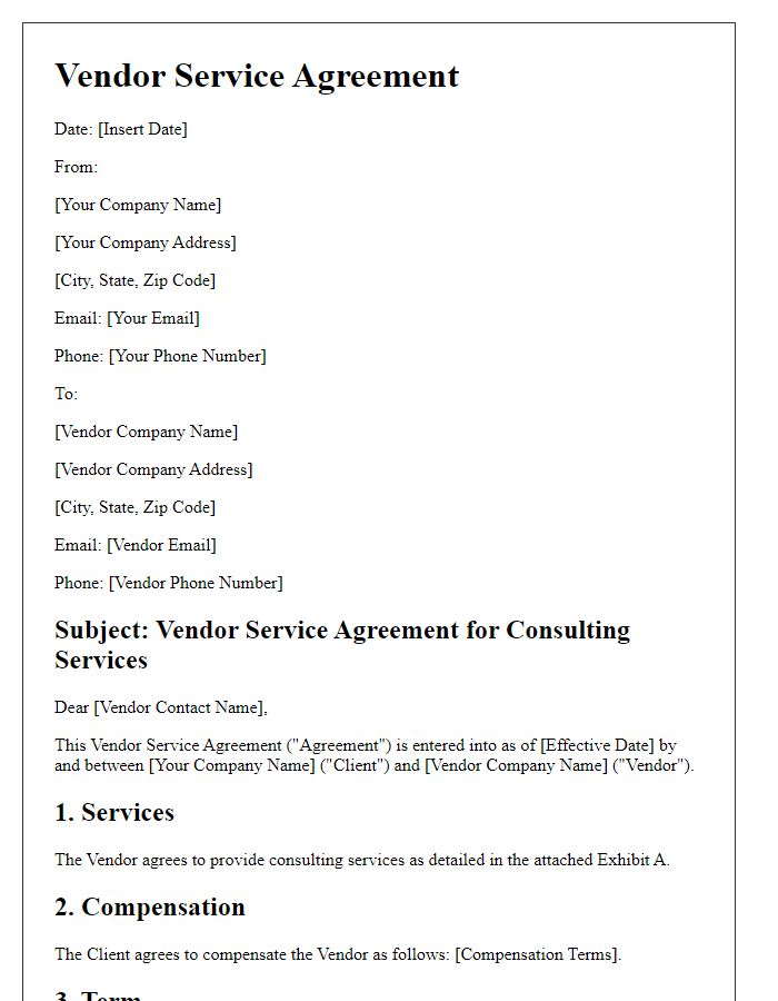 Letter template of vendor service agreement for consulting services.