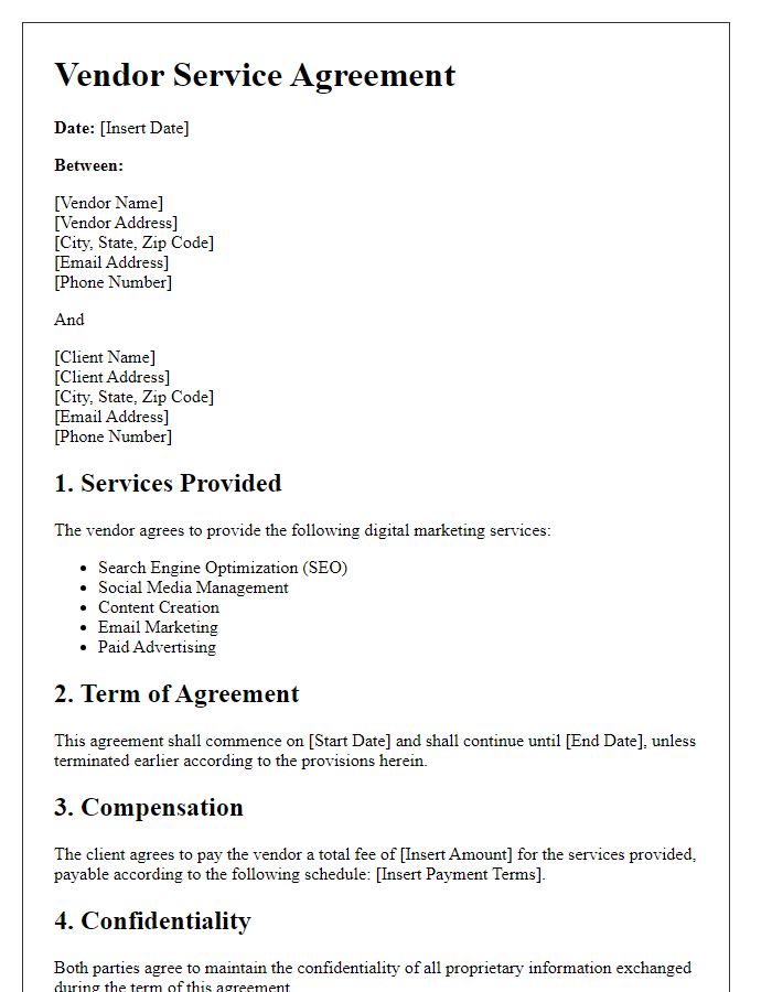 Letter template of vendor service agreement for digital marketing services.