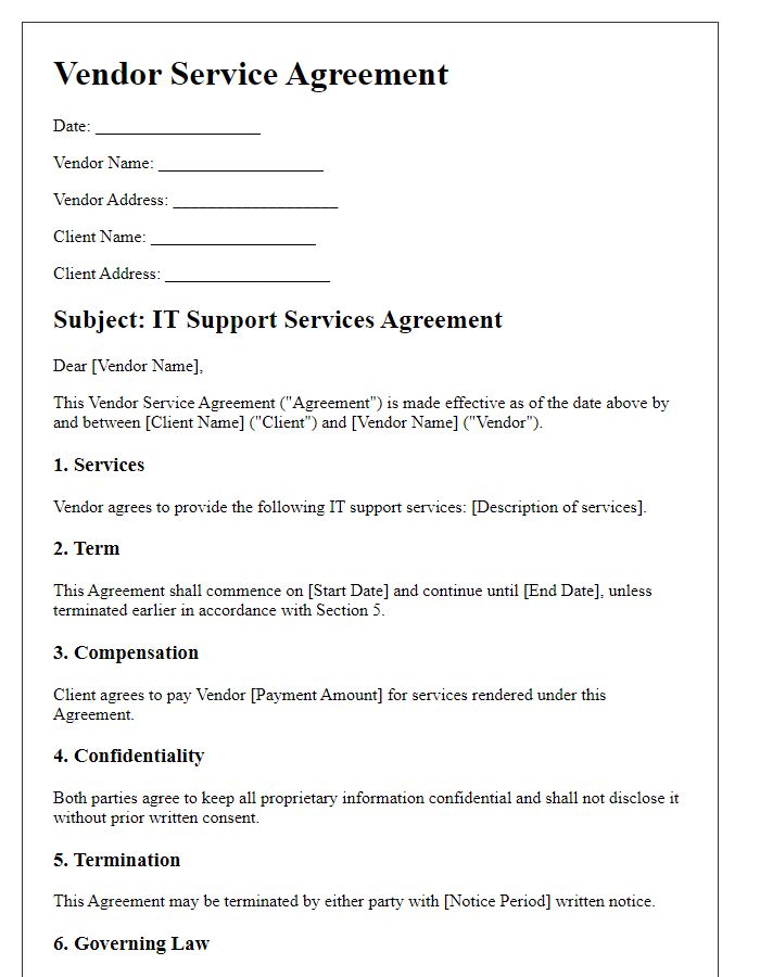 Letter template of vendor service agreement for IT support services.