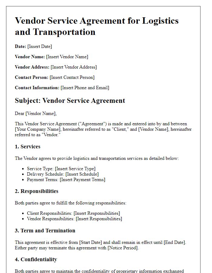 Letter template of vendor service agreement for logistics and transportation.