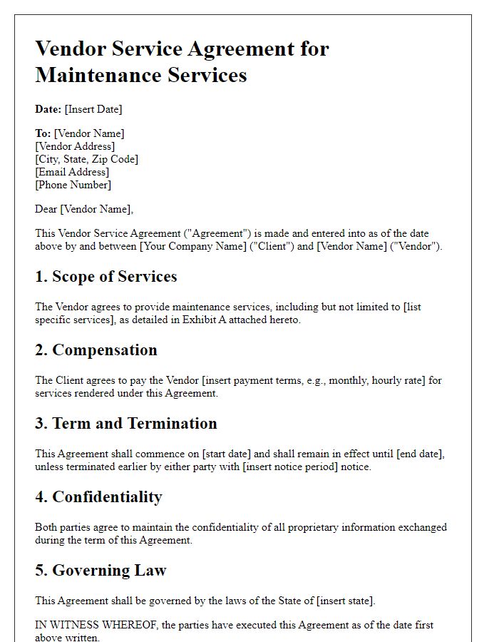 Letter template of vendor service agreement for maintenance services.