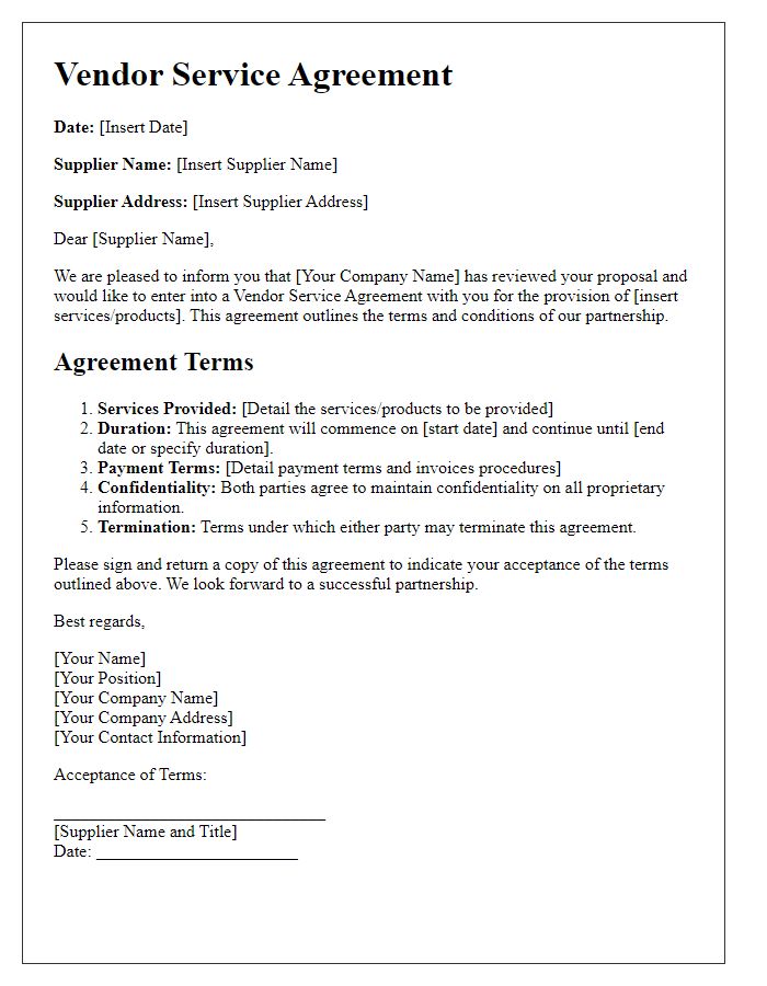 Letter template of vendor service agreement for new suppliers.