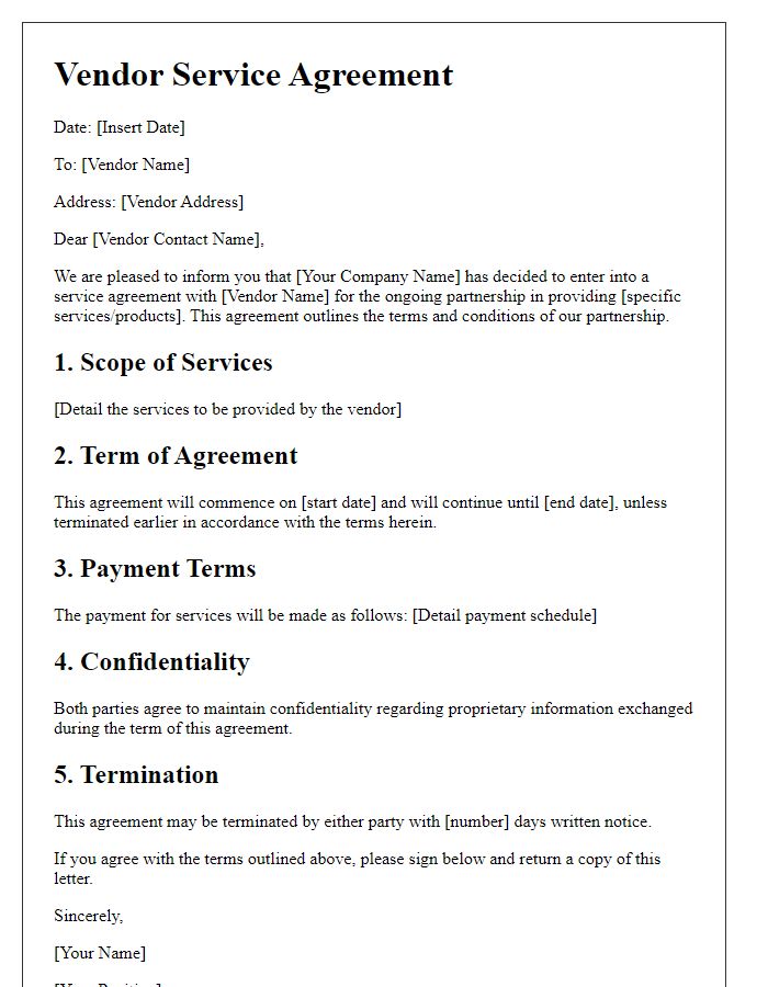 Letter template of vendor service agreement for ongoing partnerships.