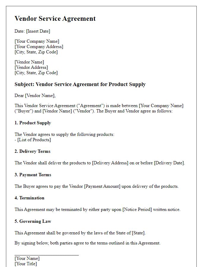 Letter template of vendor service agreement for product supply.