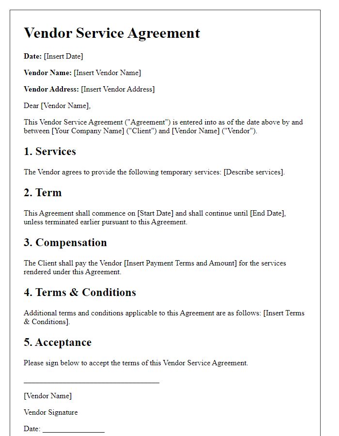 Letter template of vendor service agreement for temporary services.