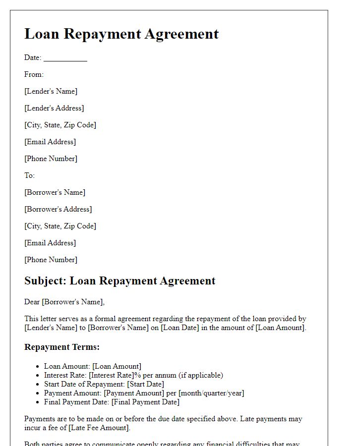 Letter template of loan repayment agreement for family loans.