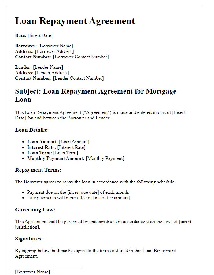 Letter template of loan repayment agreement for mortgage loans.