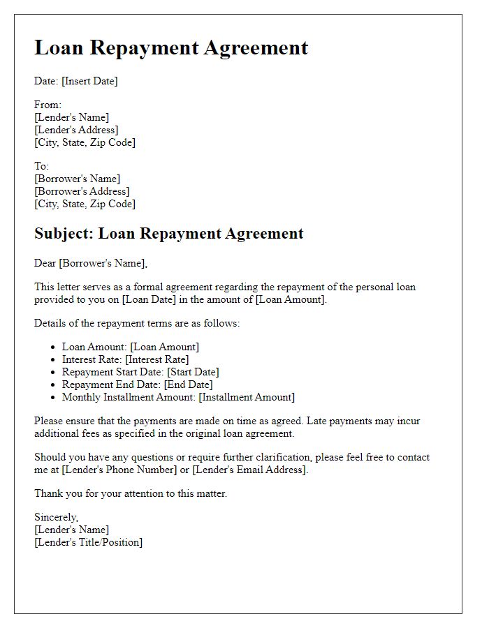 Letter template of loan repayment agreement for personal loans.