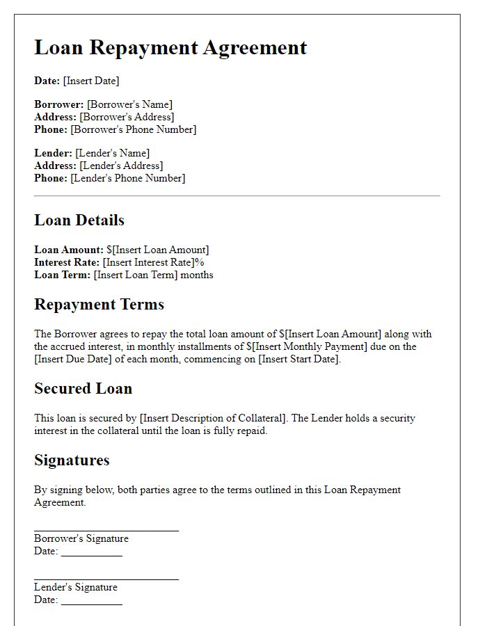 Letter template of loan repayment agreement for secured loans.